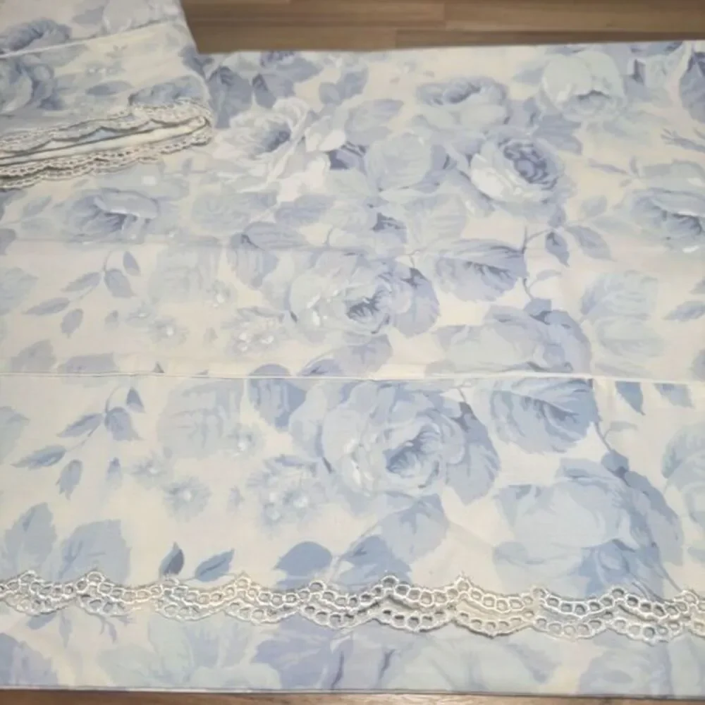 Rare Eileen West Martex Blue Peony Floral QUEEN Sheet Set 4PC Eyelet Lace Trim‎